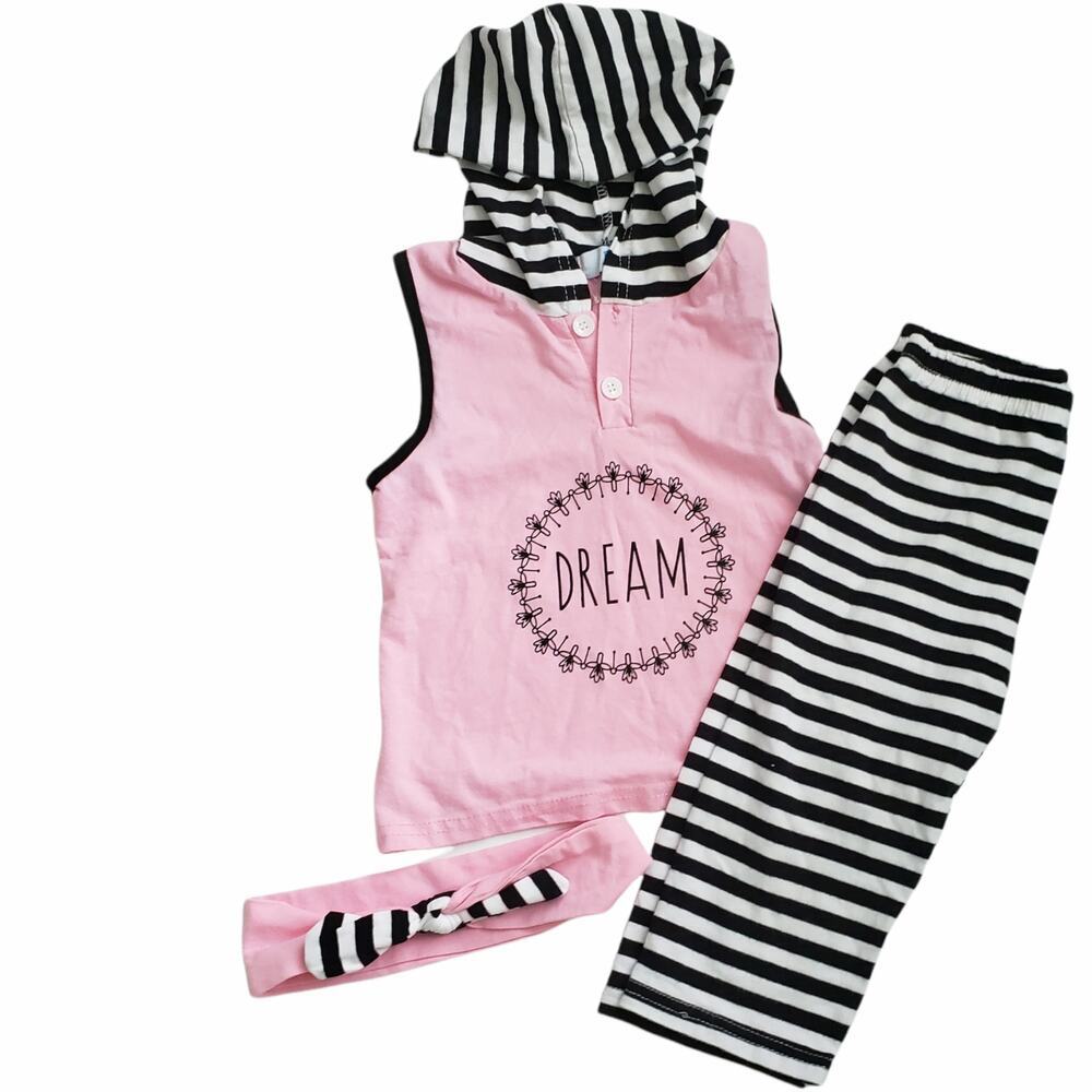 Pink Black Sleeveless Hoodie With Leggings And Headband Size 4T